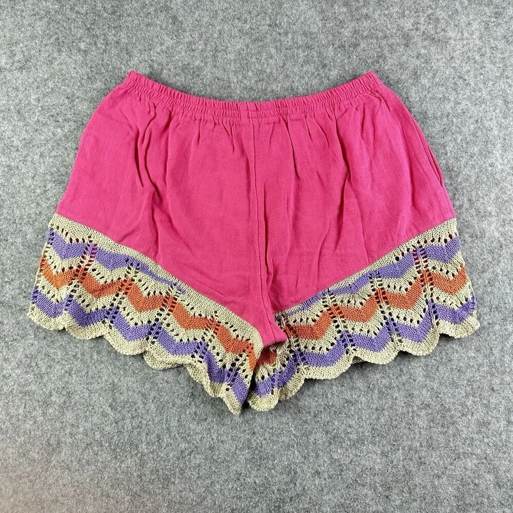 Umgee Shorts Womens M Pink Crochet Knit Scalloped Pull On Linen Blend Boho NEW - Picture 4 of 9